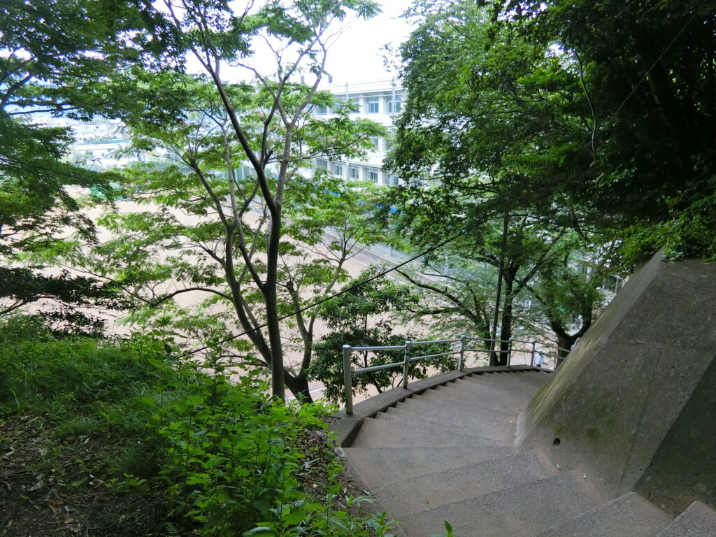 登城道の反対側から見た韮山高校（館跡と伝わり「御座敷」という地名が残る）