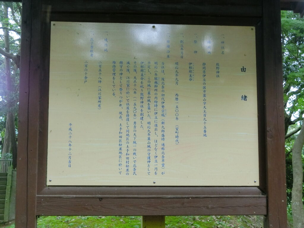 熊野神社の由緒（韮山城を居城とした北条早雲が建立したと伝わる）