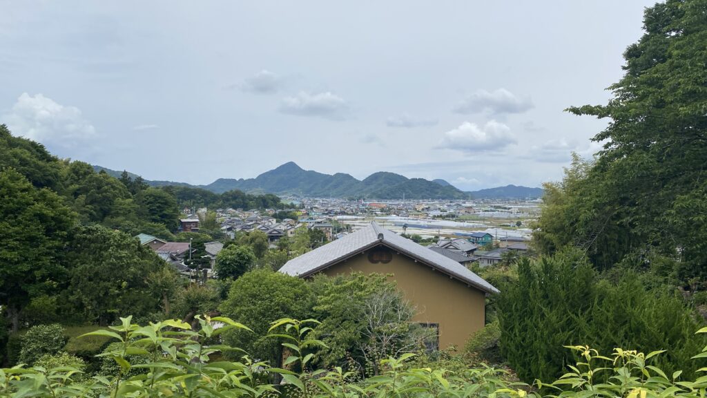 香山寺から見た館跡方面（左手の小山が韮山城で、その先に蛭ヶ小島がある）