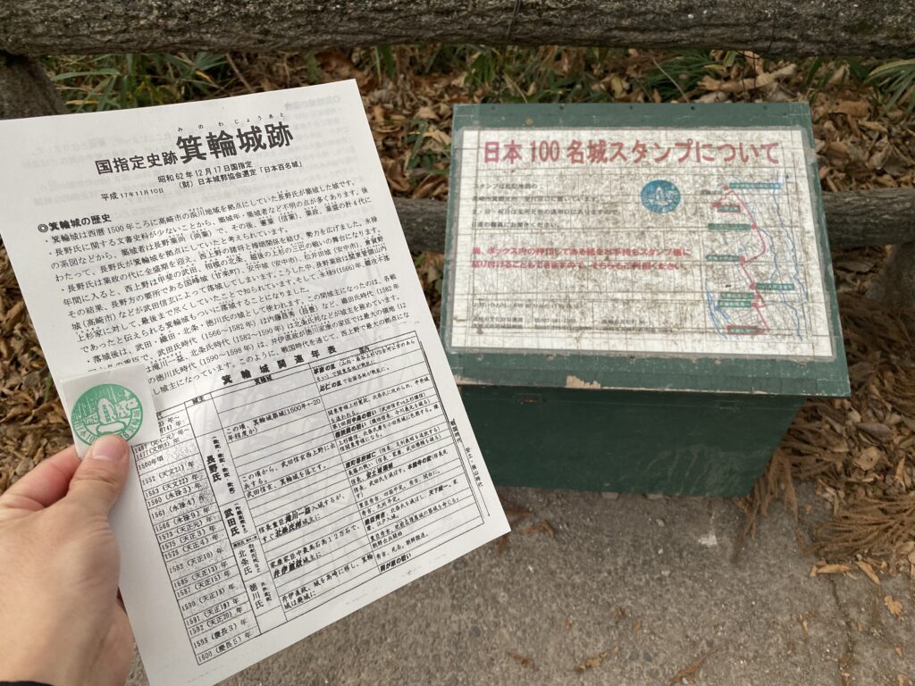 箕輪城ガイドのプリントと「日本100名城スタンプ」（押印済の紙が置いてある）